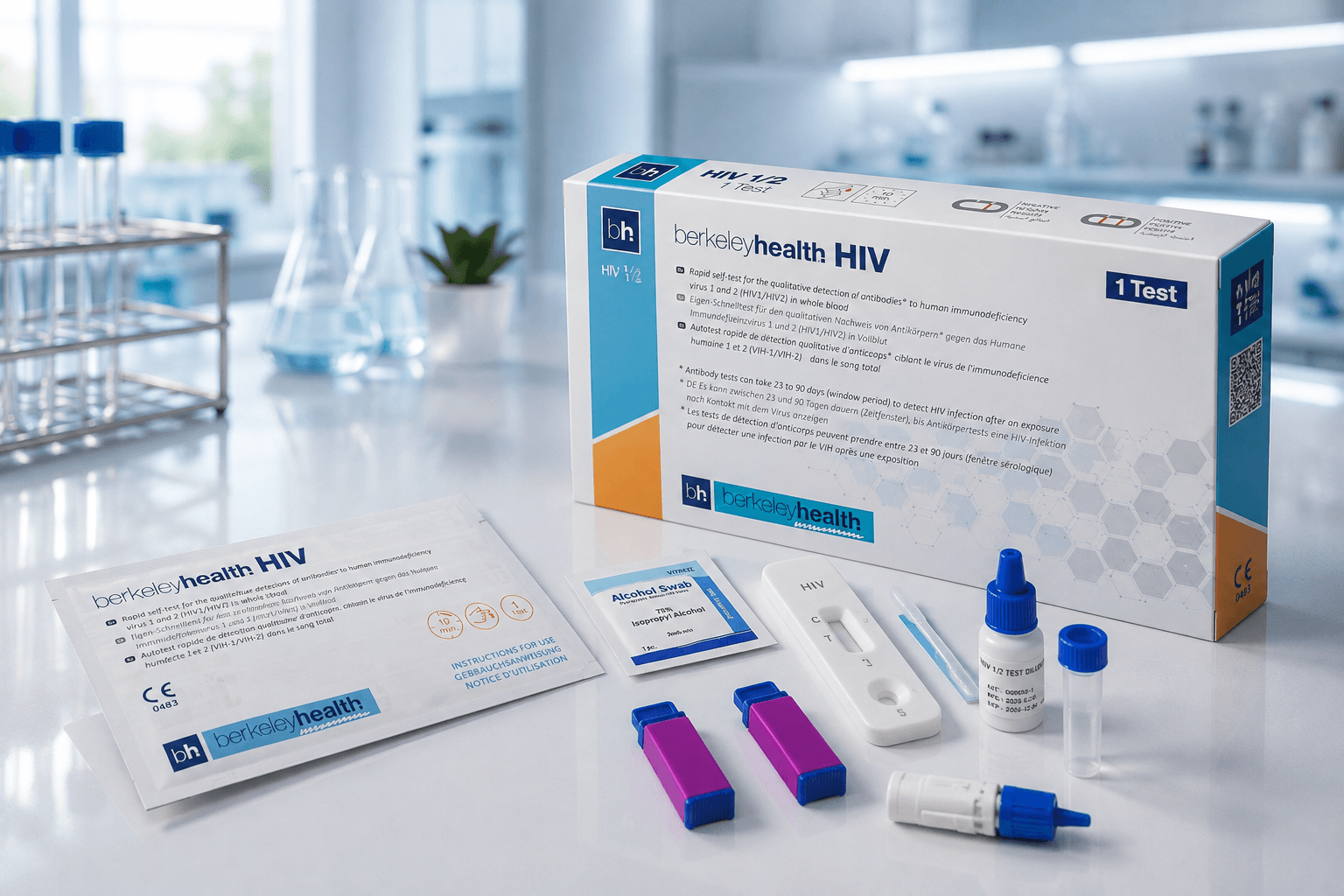 Berkeley Health HIV hızlı öz test kiti içeriği, laboratuvar masasında